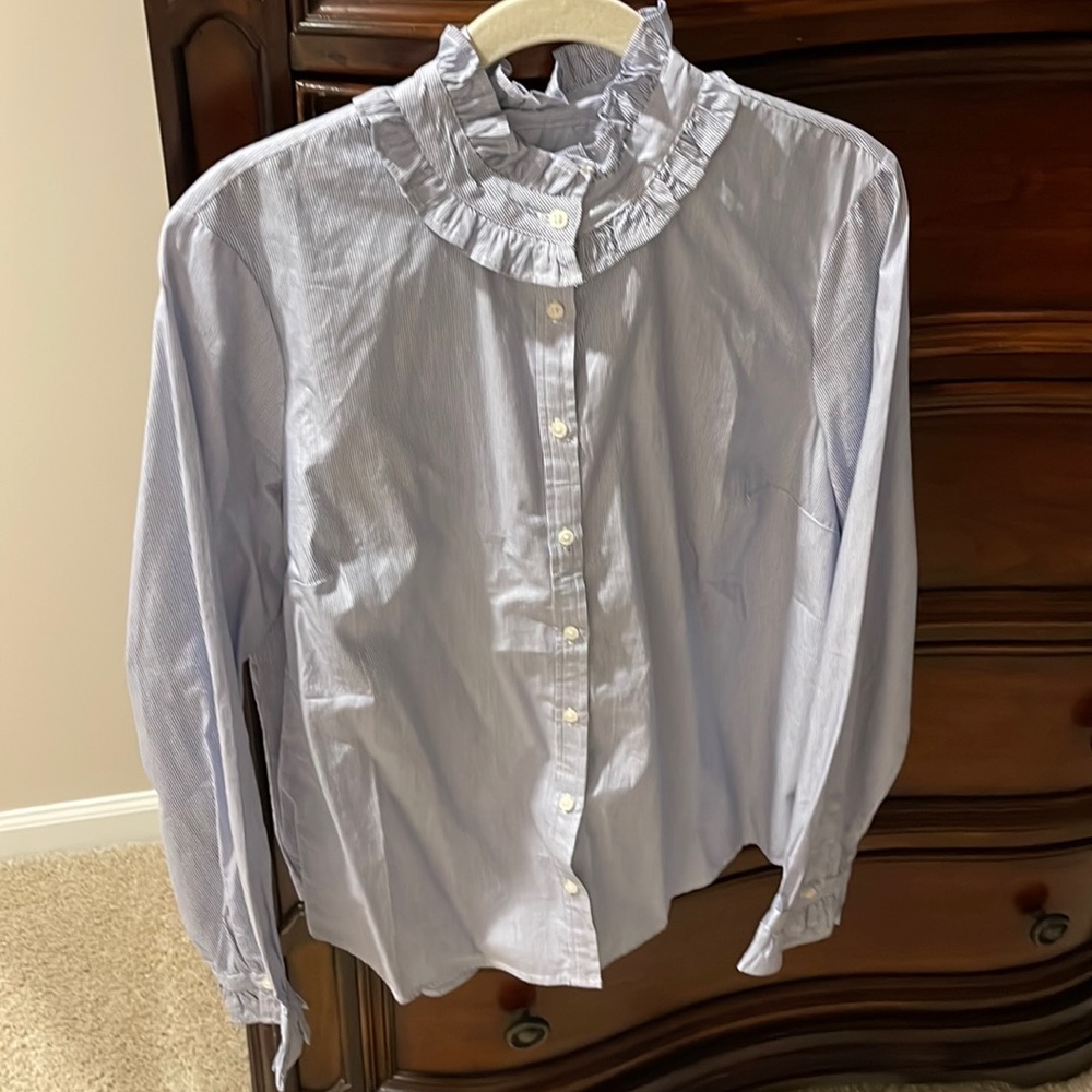Brand new with tags J Crew pinstripe ruffle neck shirt, size L